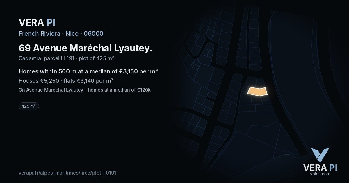 69 Avenue Maréchal Lyautey, Nice at night – the plot lit, the parcels around coloured by the prices near them
