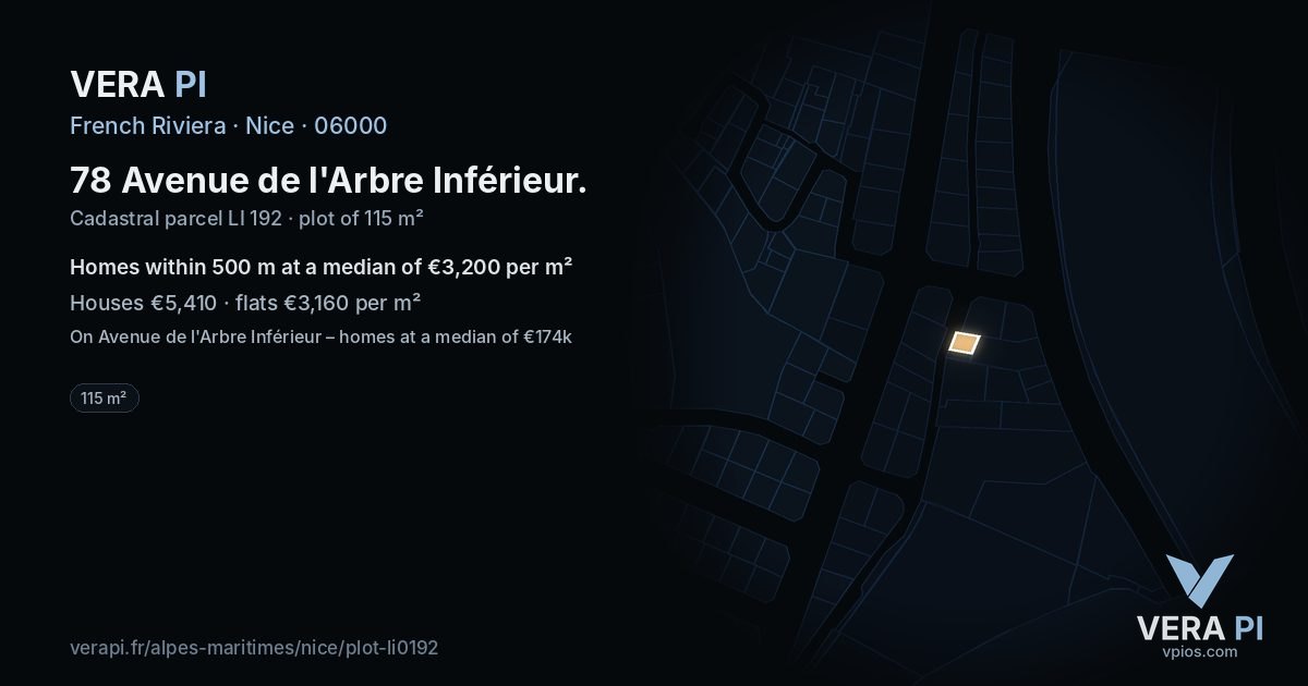 78 Avenue de l'Arbre Inférieur, Nice at night – the plot lit, the parcels around coloured by the prices near them