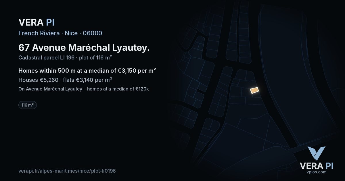 67 Avenue Maréchal Lyautey, Nice at night – the plot lit, the parcels around coloured by the prices near them