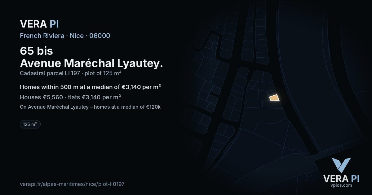 65 bis Avenue Maréchal Lyautey, Nice at night – the plot lit, the parcels around coloured by the prices near them