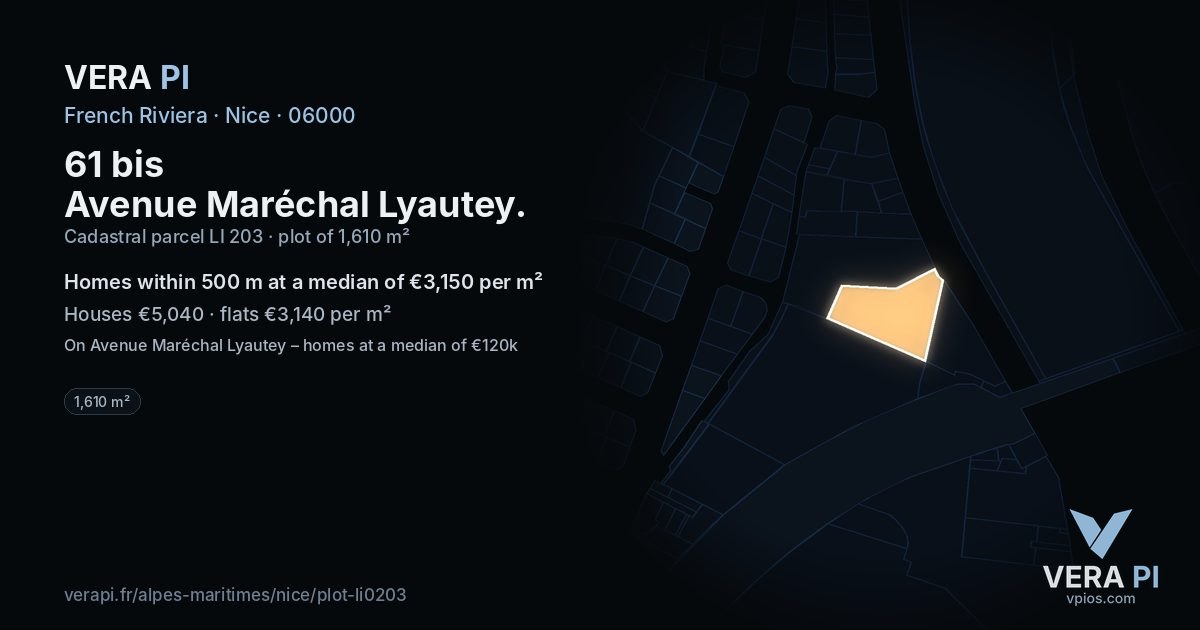 61 bis Avenue Maréchal Lyautey, Nice at night – the plot lit, the parcels around coloured by the prices near them