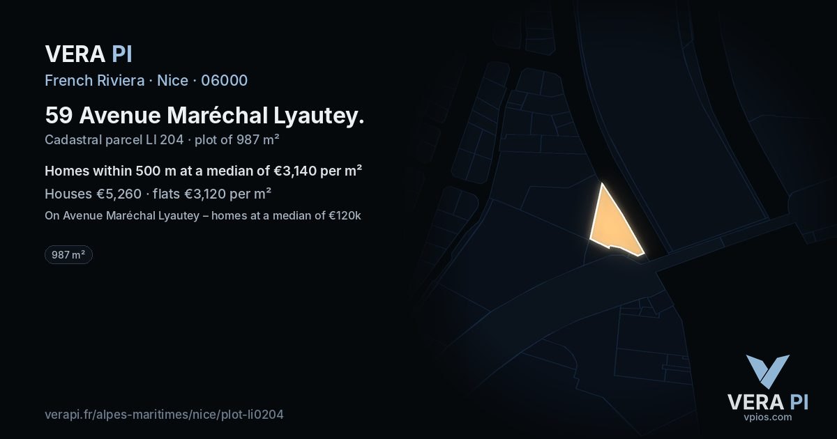 59 Avenue Maréchal Lyautey, Nice at night – the plot lit, the parcels around coloured by the prices near them