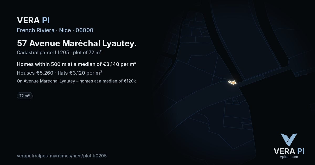57 Avenue Maréchal Lyautey, Nice at night – the plot lit, the parcels around coloured by the prices near them