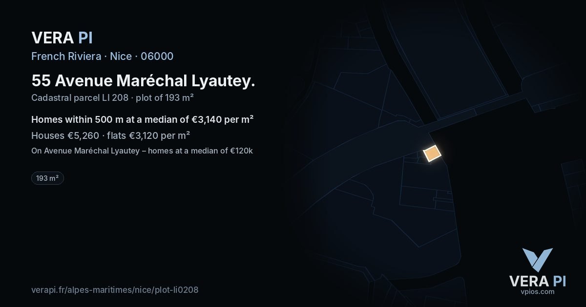 55 Avenue Maréchal Lyautey, Nice at night – the plot lit, the parcels around coloured by the prices near them
