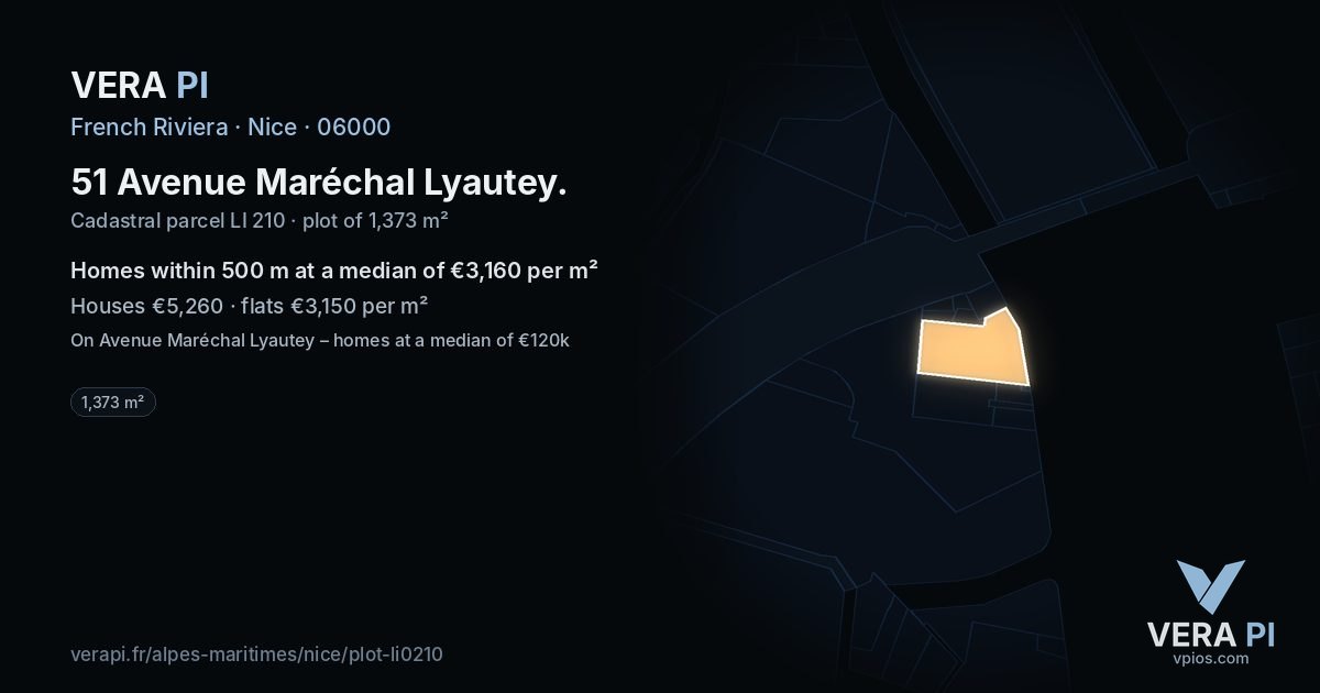 51 Avenue Maréchal Lyautey, Nice at night – the plot lit, the parcels around coloured by the prices near them