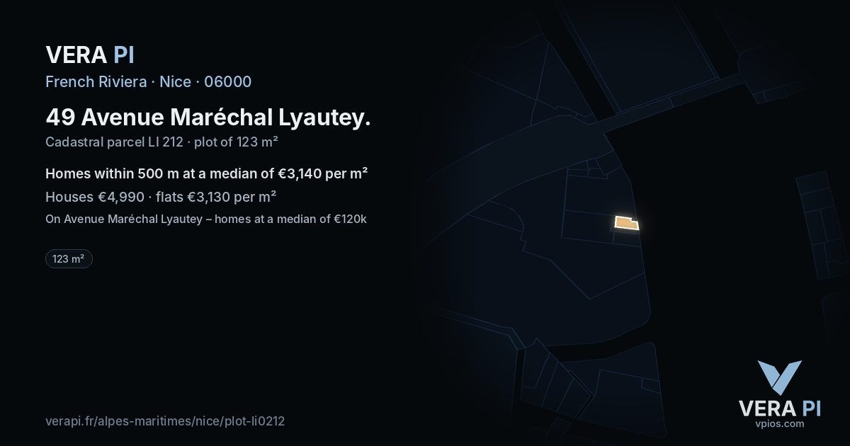 49 Avenue Maréchal Lyautey, Nice at night – the plot lit, the parcels around coloured by the prices near them