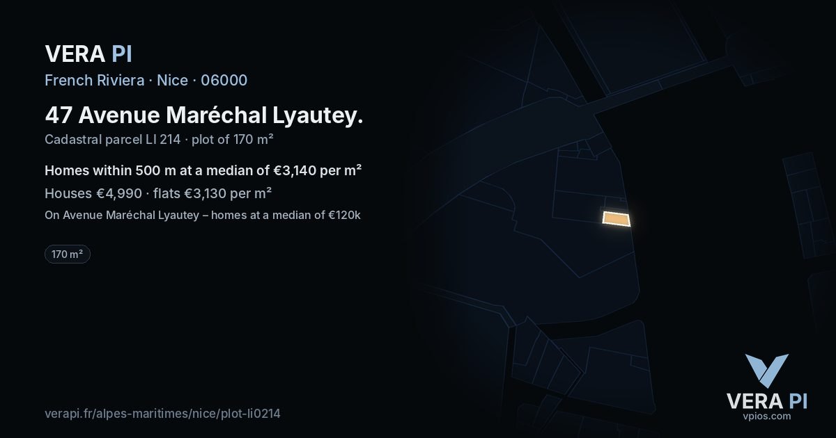 47 Avenue Maréchal Lyautey, Nice at night – the plot lit, the parcels around coloured by the prices near them