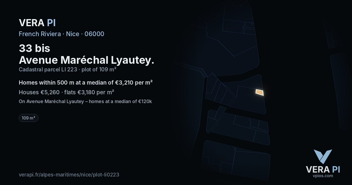 33 bis Avenue Maréchal Lyautey, Nice at night – the plot lit, the parcels around coloured by the prices near them