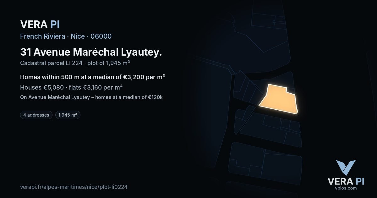 31 Avenue Maréchal Lyautey, Nice at night – the plot lit, the parcels around coloured by the prices near them