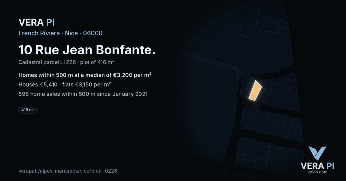 10 Rue Jean Bonfante, Nice at night – the plot lit, the parcels around coloured by the prices near them