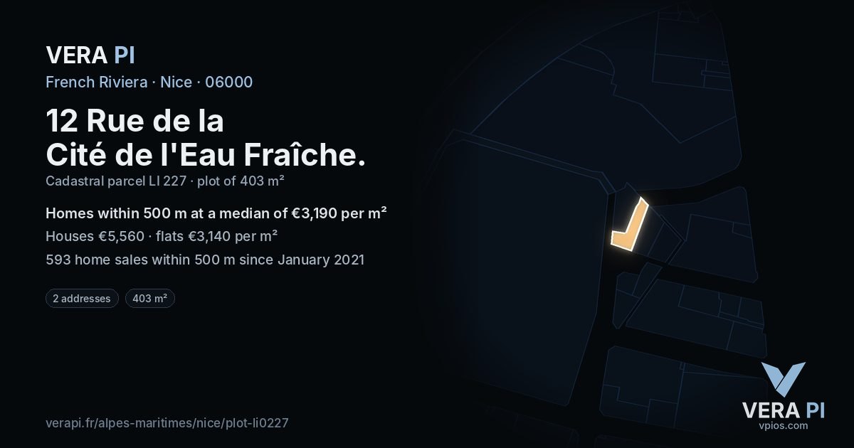 12 Rue de la Cité de l'Eau Fraîche, Nice at night – the plot lit, the parcels around coloured by the prices near them