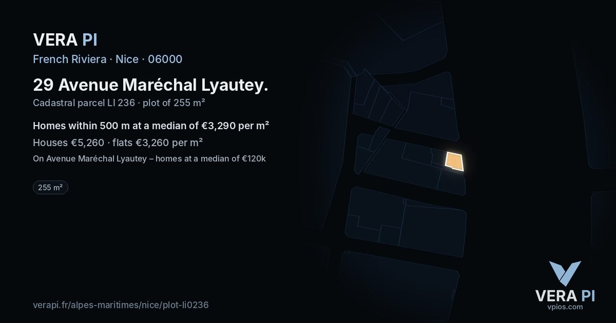 29 Avenue Maréchal Lyautey, Nice at night – the plot lit, the parcels around coloured by the prices near them