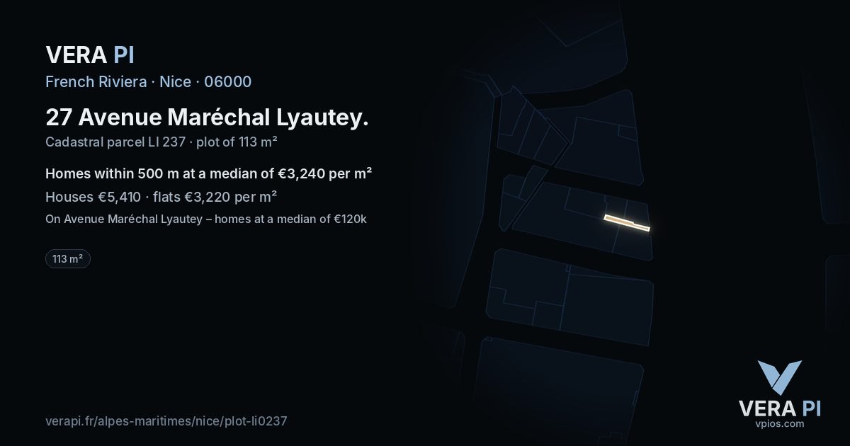 27 Avenue Maréchal Lyautey, Nice at night – the plot lit, the parcels around coloured by the prices near them