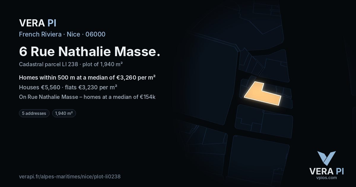6 Rue Nathalie Masse, Nice at night – the plot lit, the parcels around coloured by the prices near them