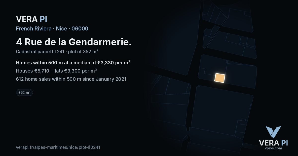 4 Rue de la Gendarmerie, Nice at night – the plot lit, the parcels around coloured by the prices near them