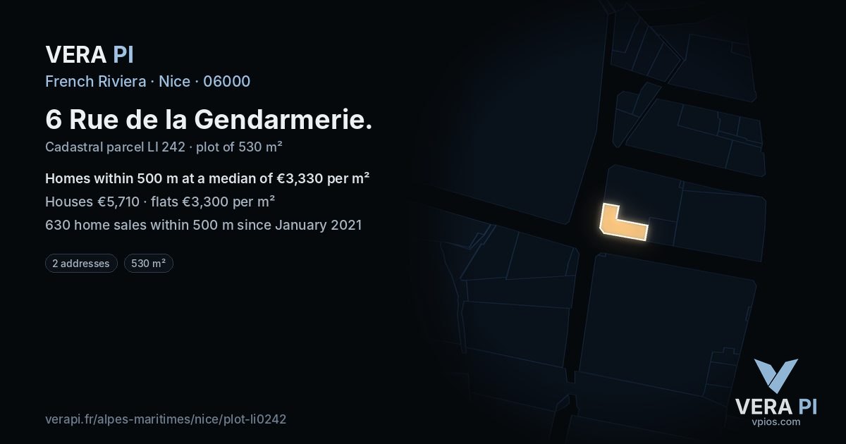 6 Rue de la Gendarmerie, Nice at night – the plot lit, the parcels around coloured by the prices near them