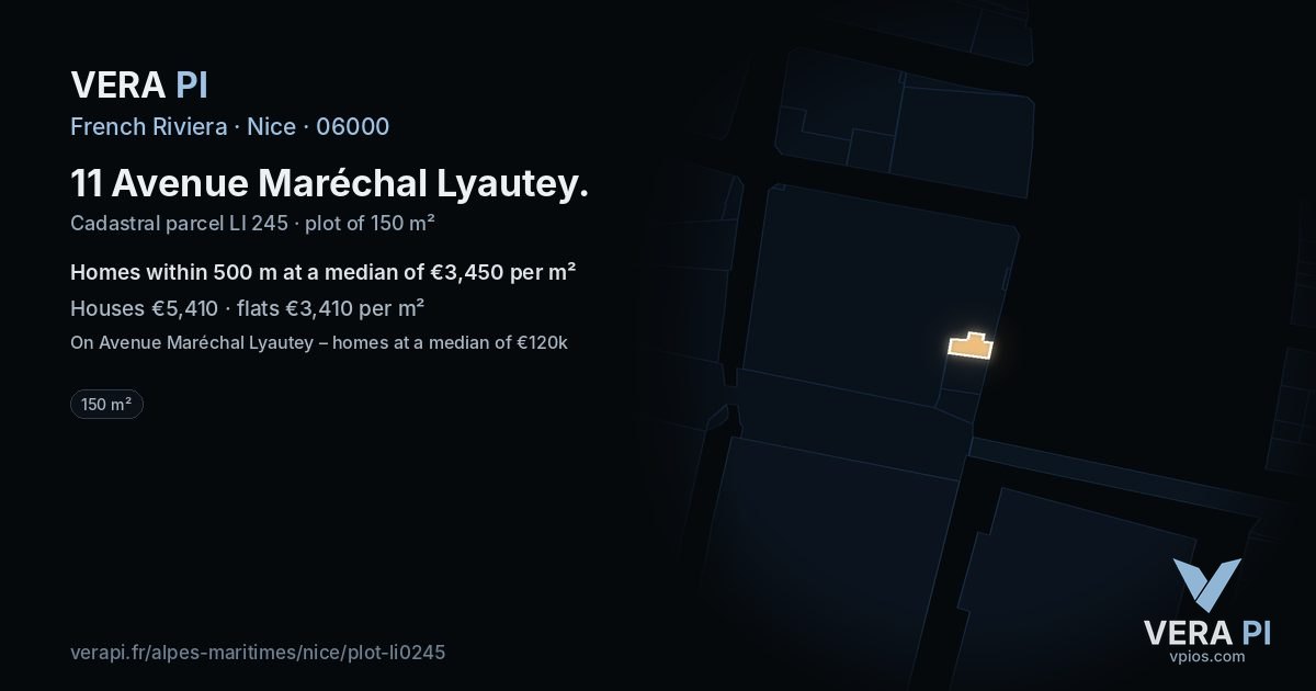 11 Avenue Maréchal Lyautey, Nice at night – the plot lit, the parcels around coloured by the prices near them
