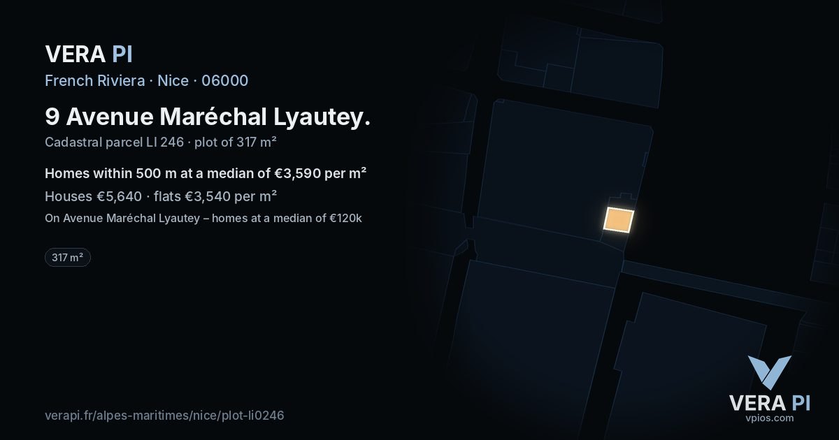 9 Avenue Maréchal Lyautey, Nice at night – the plot lit, the parcels around coloured by the prices near them