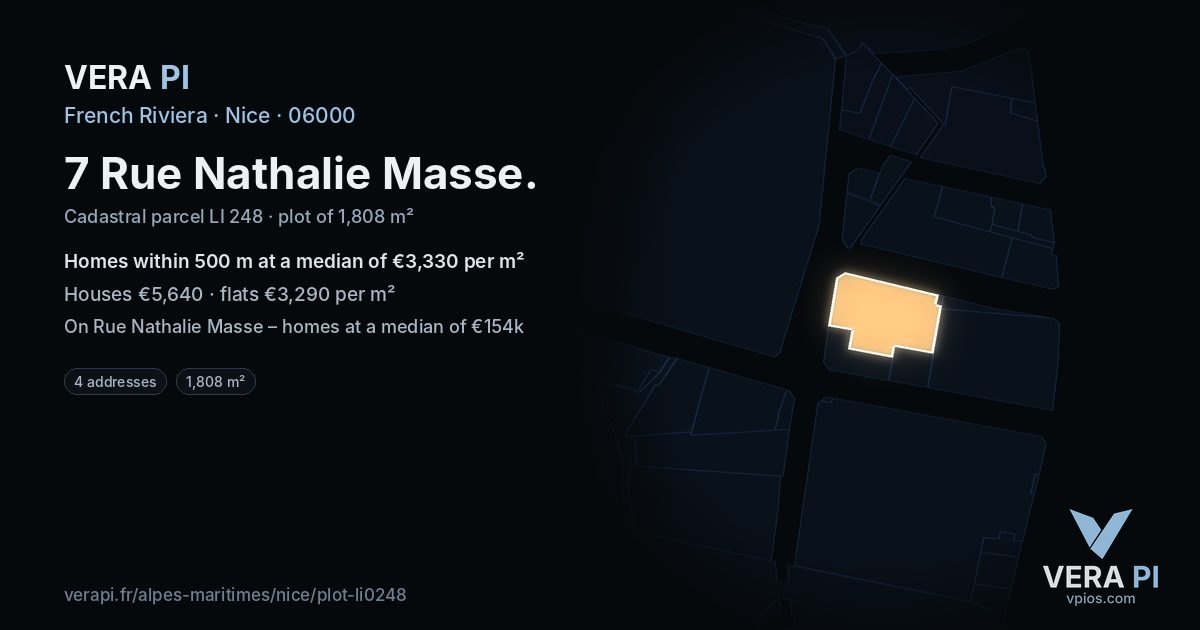 7 Rue Nathalie Masse, Nice at night – the plot lit, the parcels around coloured by the prices near them