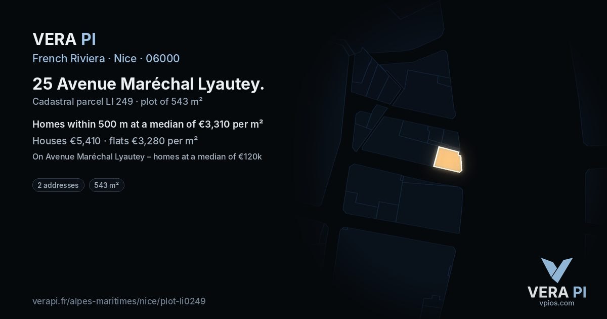 25 Avenue Maréchal Lyautey, Nice at night – the plot lit, the parcels around coloured by the prices near them