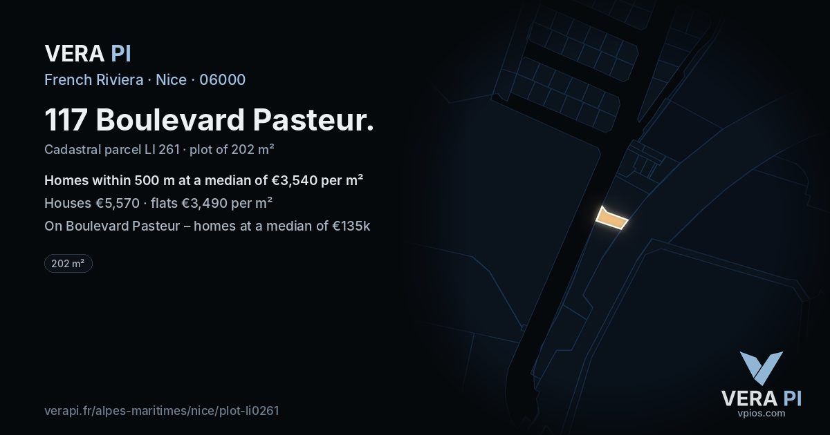 117 Boulevard Pasteur, Nice at night – the plot lit, the parcels around coloured by the prices near them