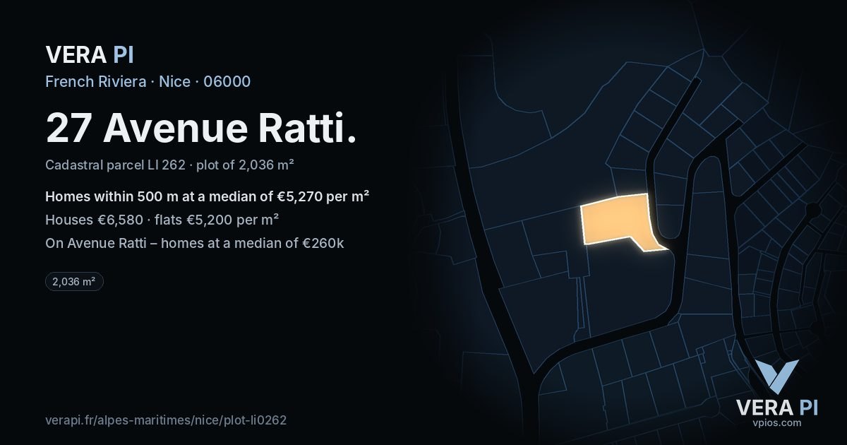 27 Avenue Ratti, Nice at night – the plot lit, the parcels around coloured by the prices near them