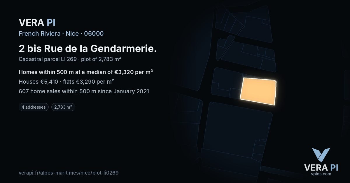 2 bis Rue de la Gendarmerie, Nice at night – the plot lit, the parcels around coloured by the prices near them