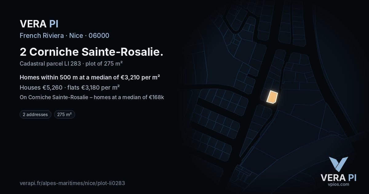 2 Corniche Sainte-Rosalie, Nice at night – the plot lit, the parcels around coloured by the prices near them