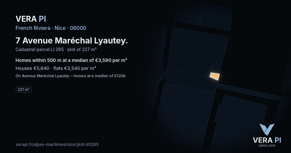 7 Avenue Maréchal Lyautey, Nice at night – the plot lit, the parcels around coloured by the prices near them