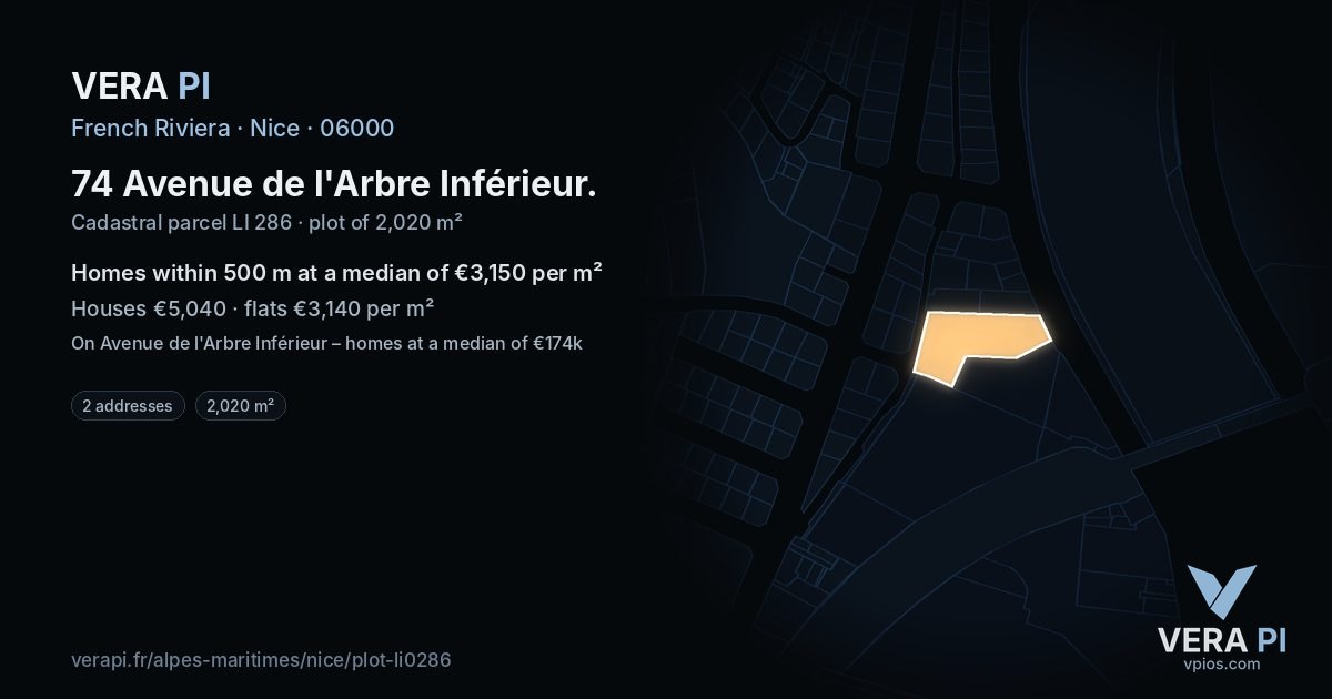 74 Avenue de l'Arbre Inférieur, Nice at night – the plot lit, the parcels around coloured by the prices near them