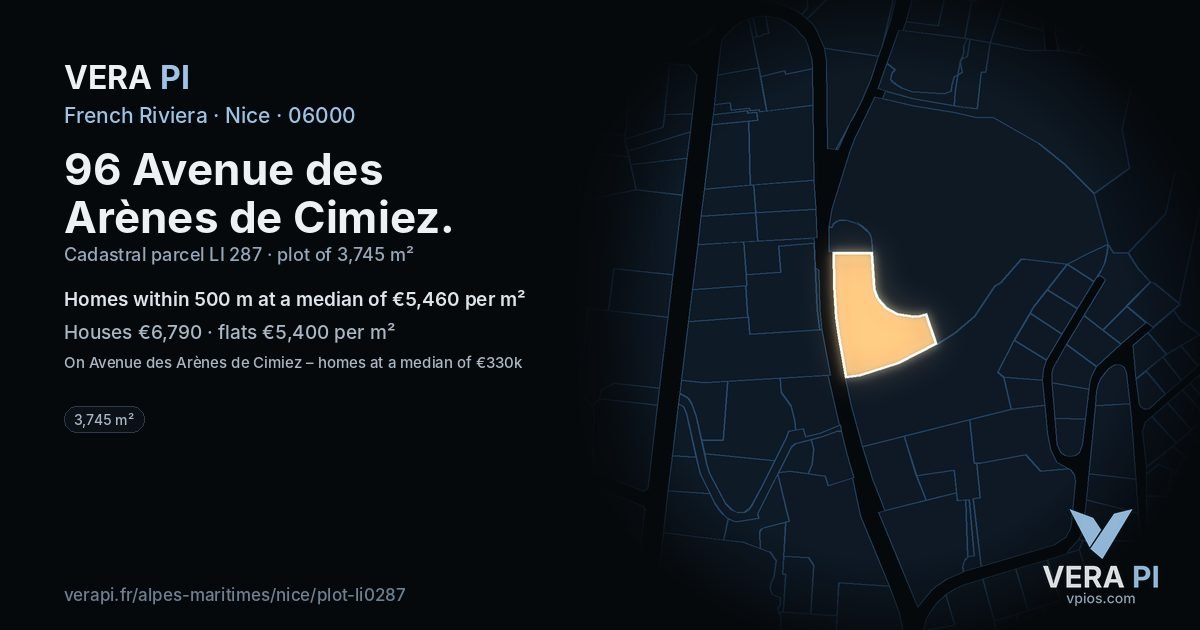 96 Avenue des Arènes de Cimiez, Nice at night – the plot lit, the parcels around coloured by the prices near them