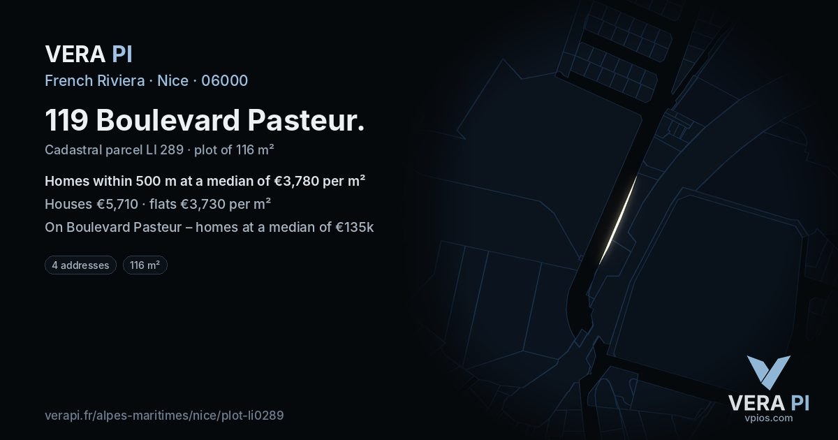 119 Boulevard Pasteur, Nice at night – the plot lit, the parcels around coloured by the prices near them