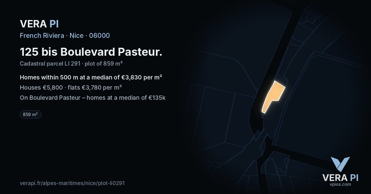 125 bis Boulevard Pasteur, Nice at night – the plot lit, the parcels around coloured by the prices near them
