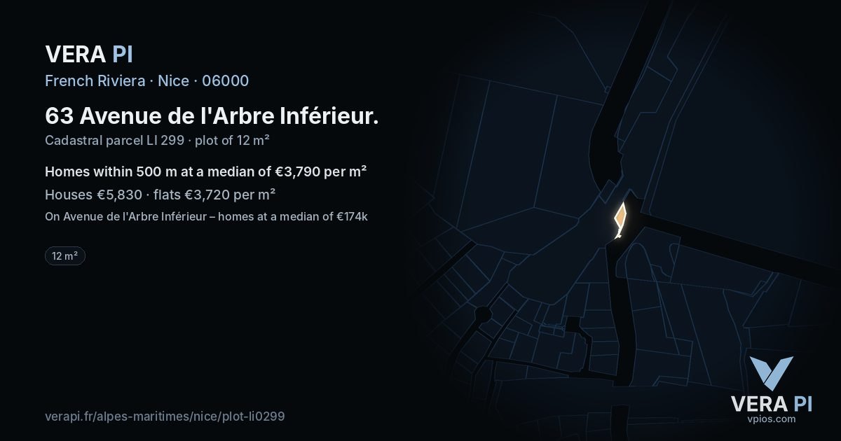63 Avenue de l'Arbre Inférieur, Nice at night – the plot lit, the parcels around coloured by the prices near them