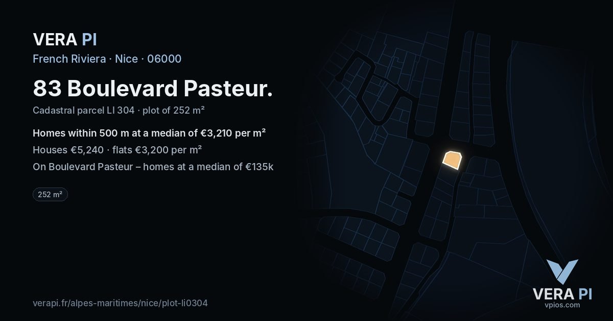 83 Boulevard Pasteur, Nice at night – the plot lit, the parcels around coloured by the prices near them