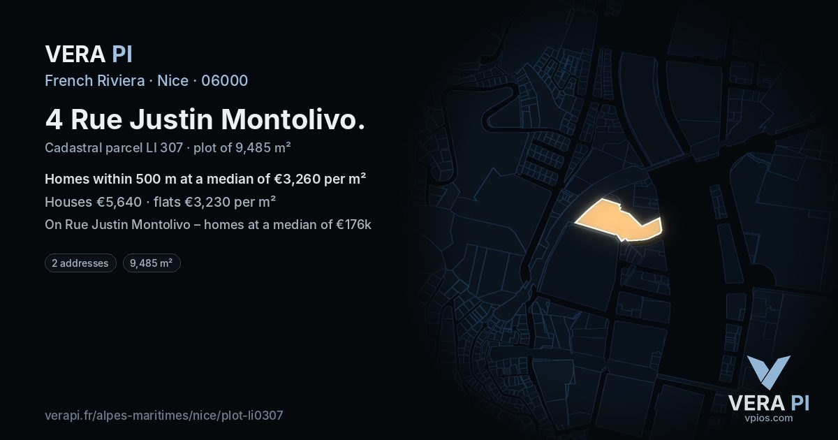 4 Rue Justin Montolivo, Nice at night – the plot lit, the parcels around coloured by the prices near them