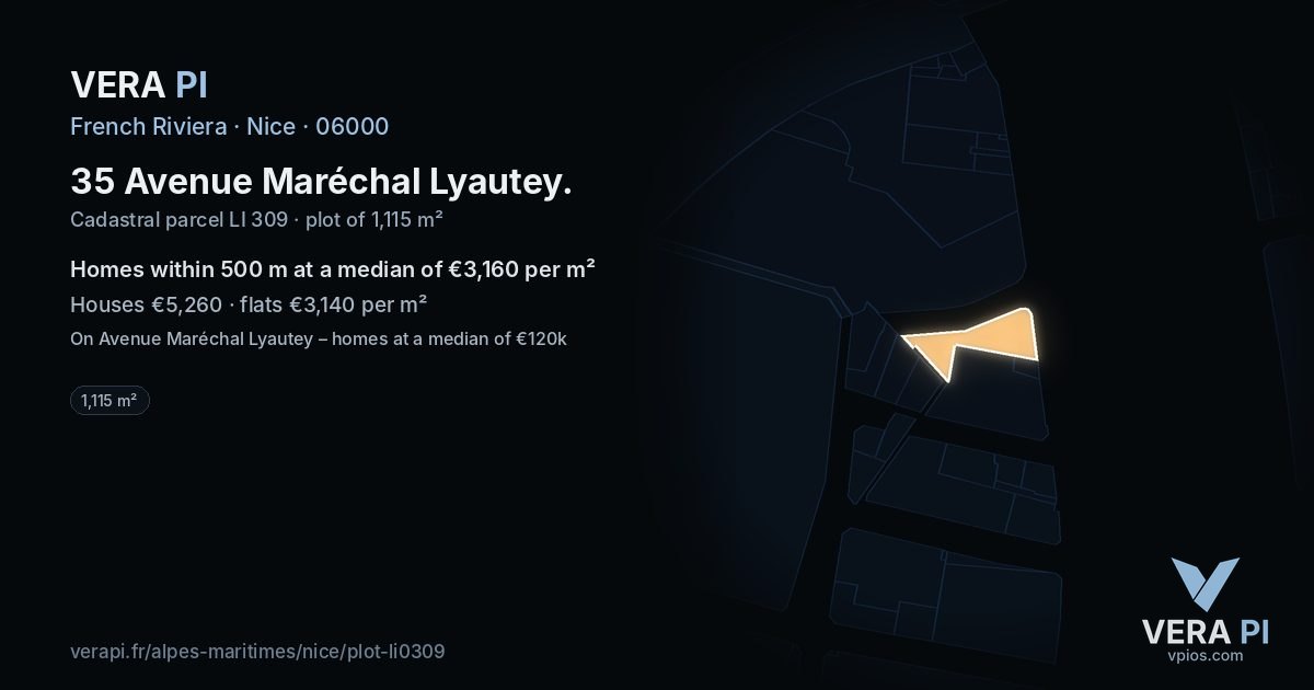 35 Avenue Maréchal Lyautey, Nice at night – the plot lit, the parcels around coloured by the prices near them