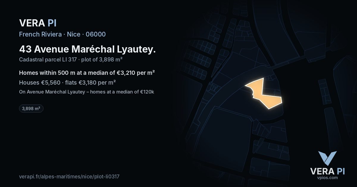 43 Avenue Maréchal Lyautey, Nice at night – the plot lit, the parcels around coloured by the prices near them