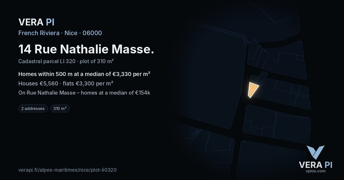 14 Rue Nathalie Masse, Nice at night – the plot lit, the parcels around coloured by the prices near them