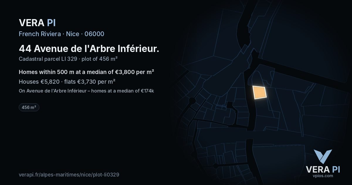 44 Avenue de l'Arbre Inférieur, Nice at night – the plot lit, the parcels around coloured by the prices near them