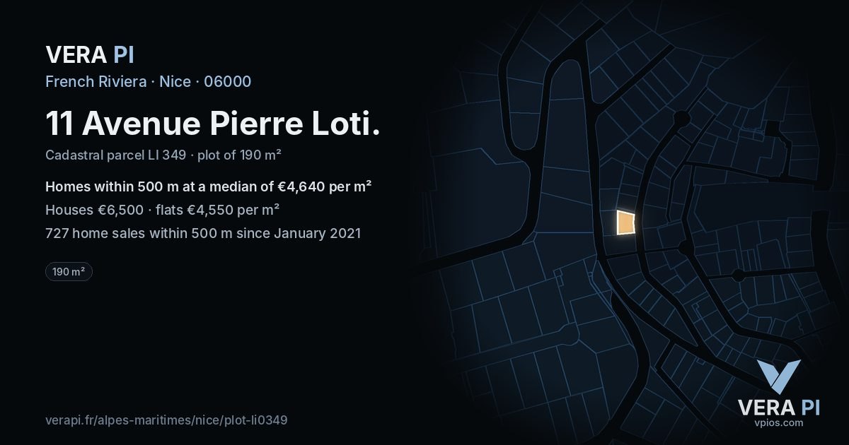 11 Avenue Pierre Loti, Nice at night – the plot lit, the parcels around coloured by the prices near them