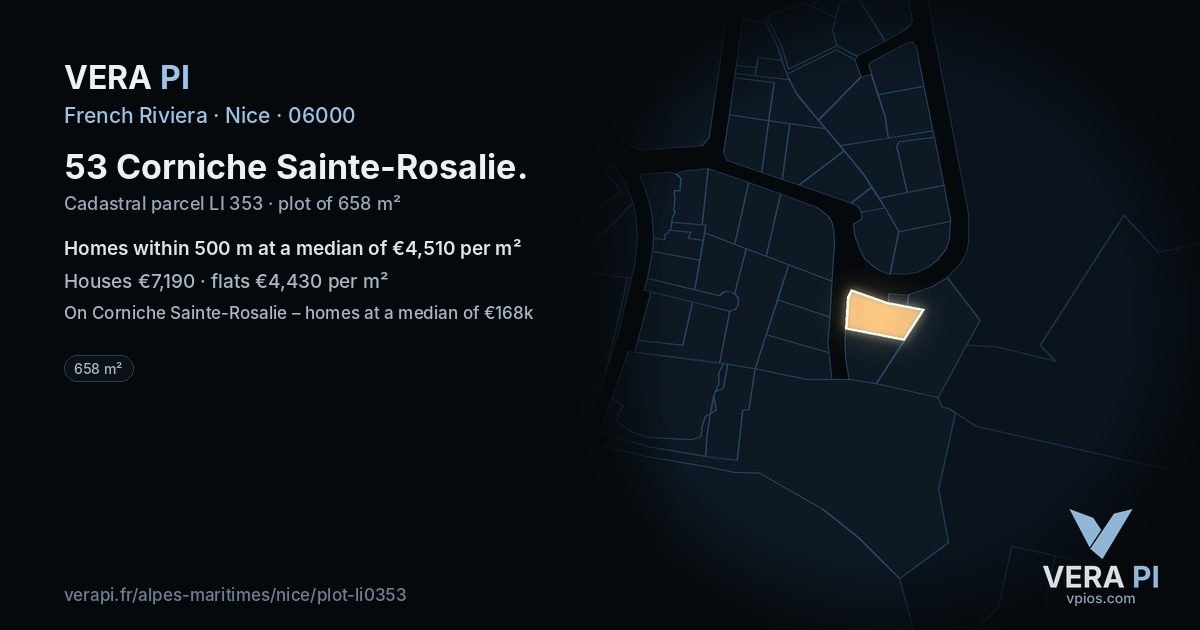53 Corniche Sainte-Rosalie, Nice at night – the plot lit, the parcels around coloured by the prices near them