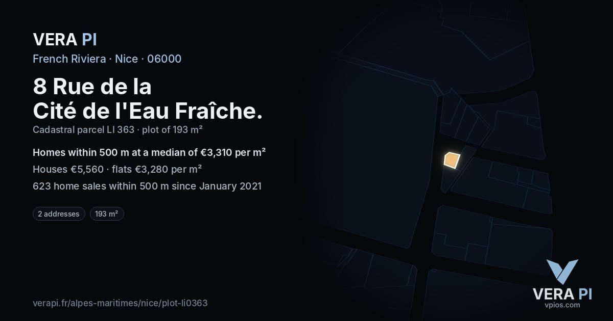 8 Rue de la Cité de l'Eau Fraîche, Nice at night – the plot lit, the parcels around coloured by the prices near them
