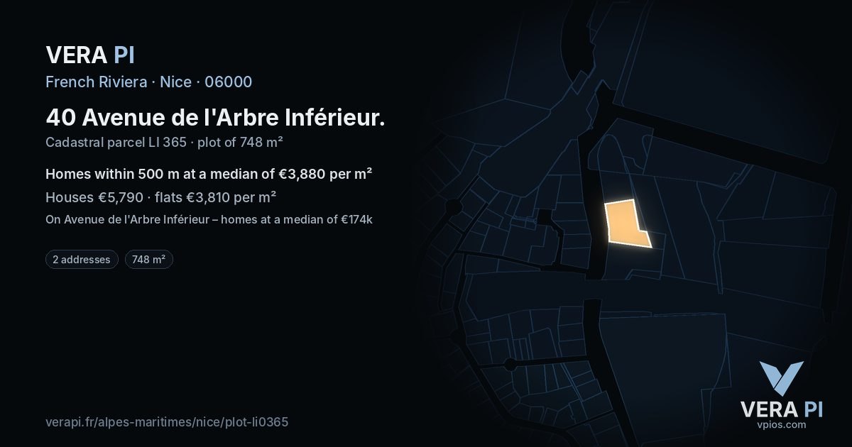 40 Avenue de l'Arbre Inférieur, Nice at night – the plot lit, the parcels around coloured by the prices near them