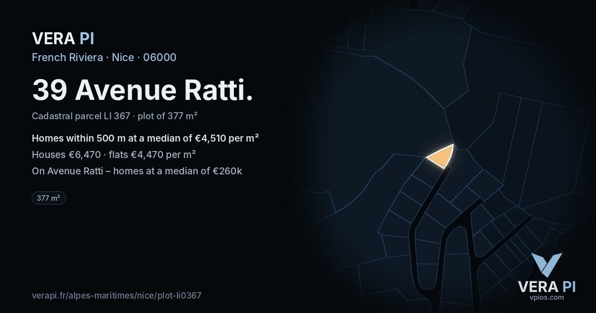 39 Avenue Ratti, Nice at night – the plot lit, the parcels around coloured by the prices near them