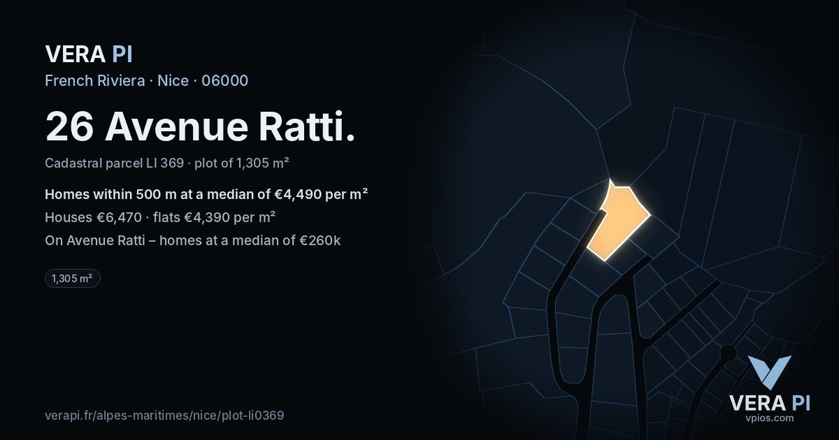 26 Avenue Ratti, Nice at night – the plot lit, the parcels around coloured by the prices near them