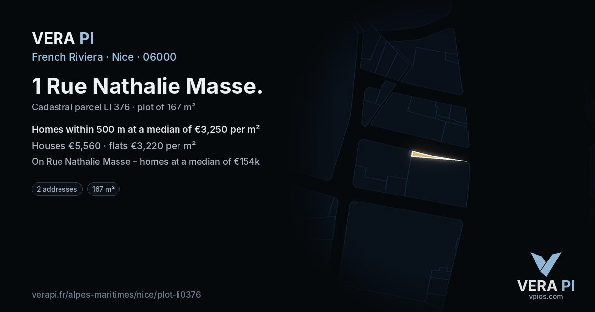 1 Rue Nathalie Masse, Nice at night – the plot lit, the parcels around coloured by the prices near them