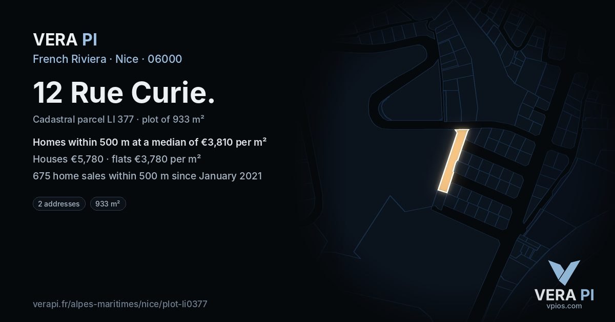 12 Rue Curie, Nice at night – the plot lit, the parcels around coloured by the prices near them