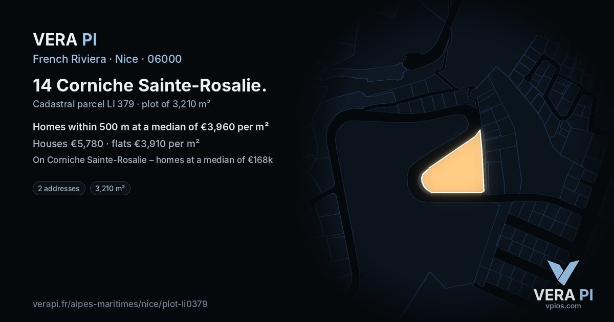 14 Corniche Sainte-Rosalie, Nice at night – the plot lit, the parcels around coloured by the prices near them