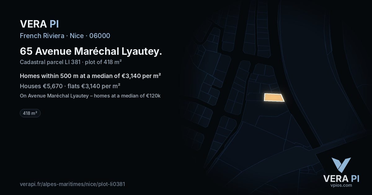 65 Avenue Maréchal Lyautey, Nice at night – the plot lit, the parcels around coloured by the prices near them